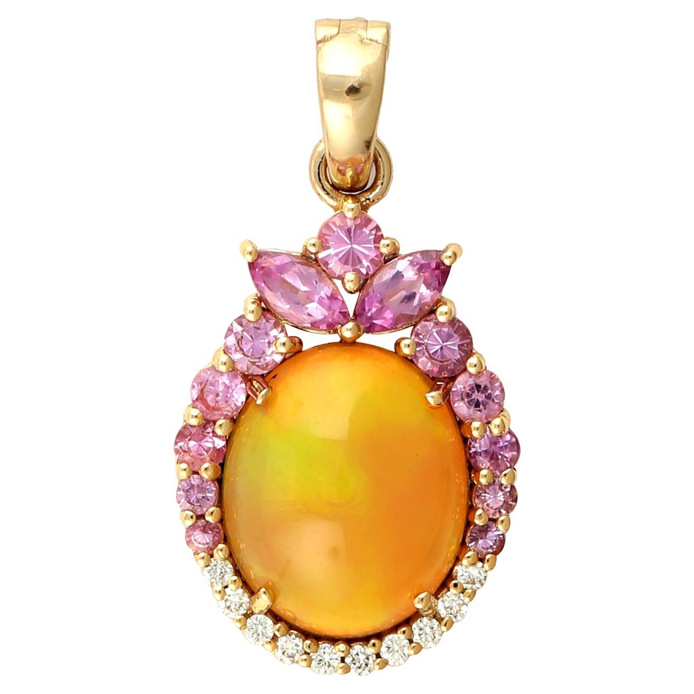 2.68 Carats Ethiopian Opal Pink Sapphire Diamond 14 Karat Gold Pendant Necklace