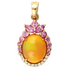 2.68 Carats Ethiopian Opal Pink Sapphire Diamond 14 Karat Gold Pendant Necklace