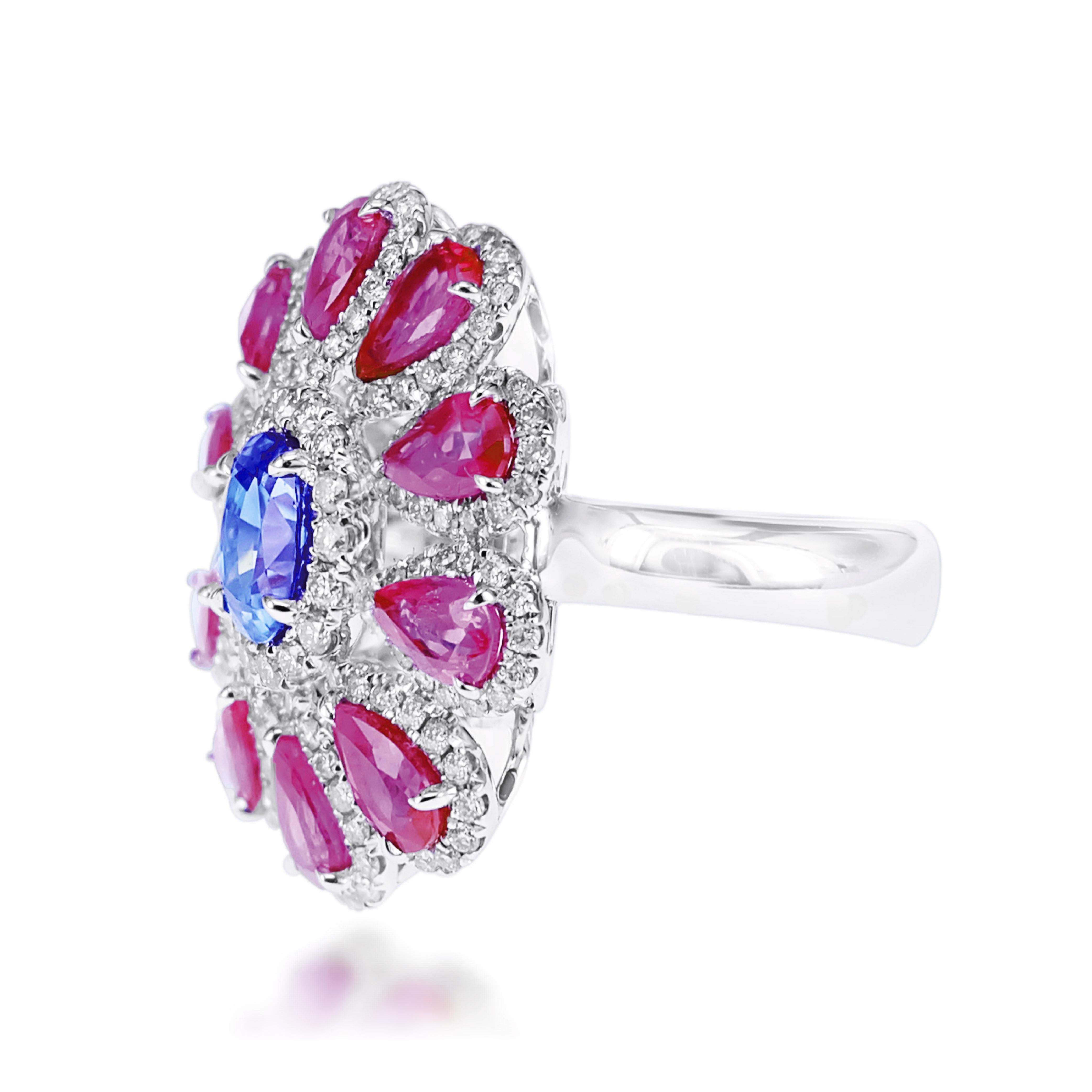 An elegant mix of 1.21 carats of deep blue sapphire and 2.68 carat of vivid red ruby makes it one of the top most picks from Malpani Collection.
Also the ring consists of 0.72 carats of white round brilliant diamond.
The details of the ring are as