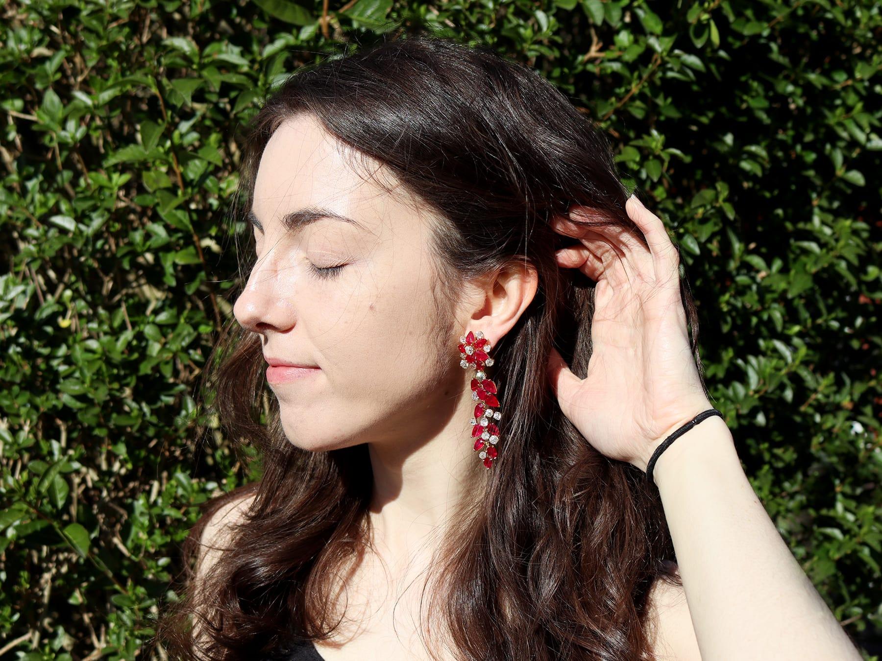 26.80 Carat Burmese Ruby and 15.50 Carat Diamond, 18k Yellow Gold Drop Earrings For Sale 8