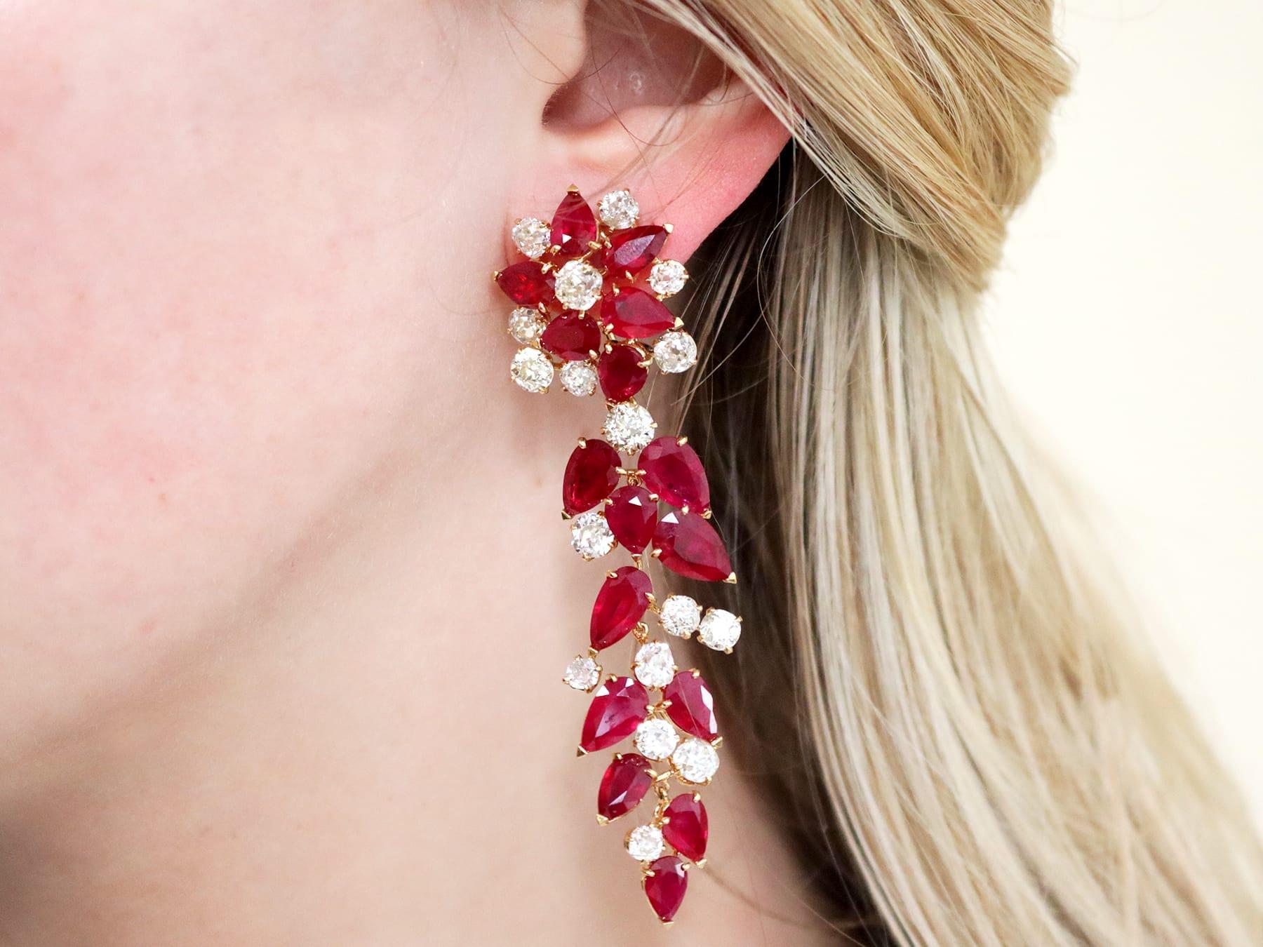 Pear Cut 26.80 Carat Burmese Ruby and 15.50 Carat Diamond, 18k Yellow Gold Drop Earrings For Sale