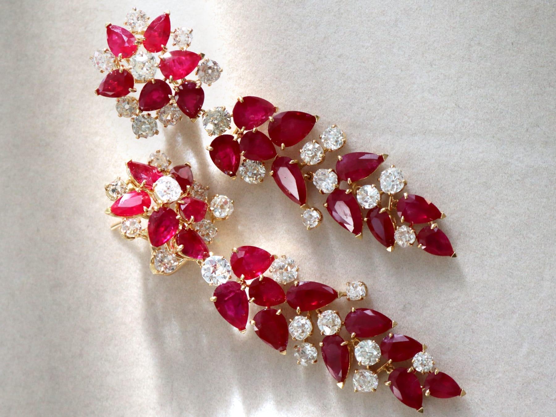 Women's or Men's 26.80 Carat Burmese Ruby and 15.50 Carat Diamond, 18k Yellow Gold Drop Earrings For Sale