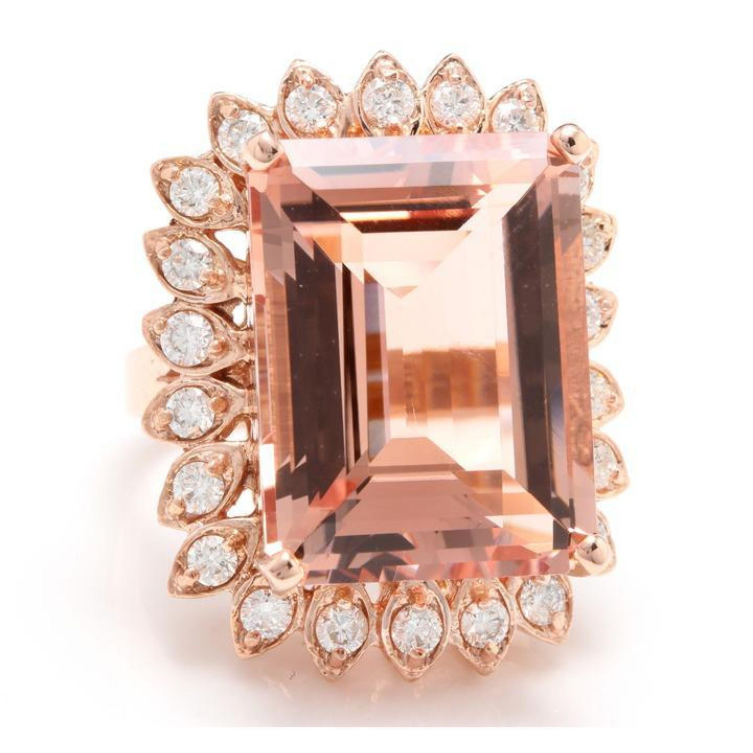 26.80 Carats Exquisite Natural Peach Morganite and Diamond 14K Solid Rose Gold Ring

Total Natural Morganite Weight: Approx. 25.00 Carats

Morganite Measures: Approx. 21.00 x 16.00mm

Natural Round Diamonds Weight: 1.80 Carats (color G-H / Clarity