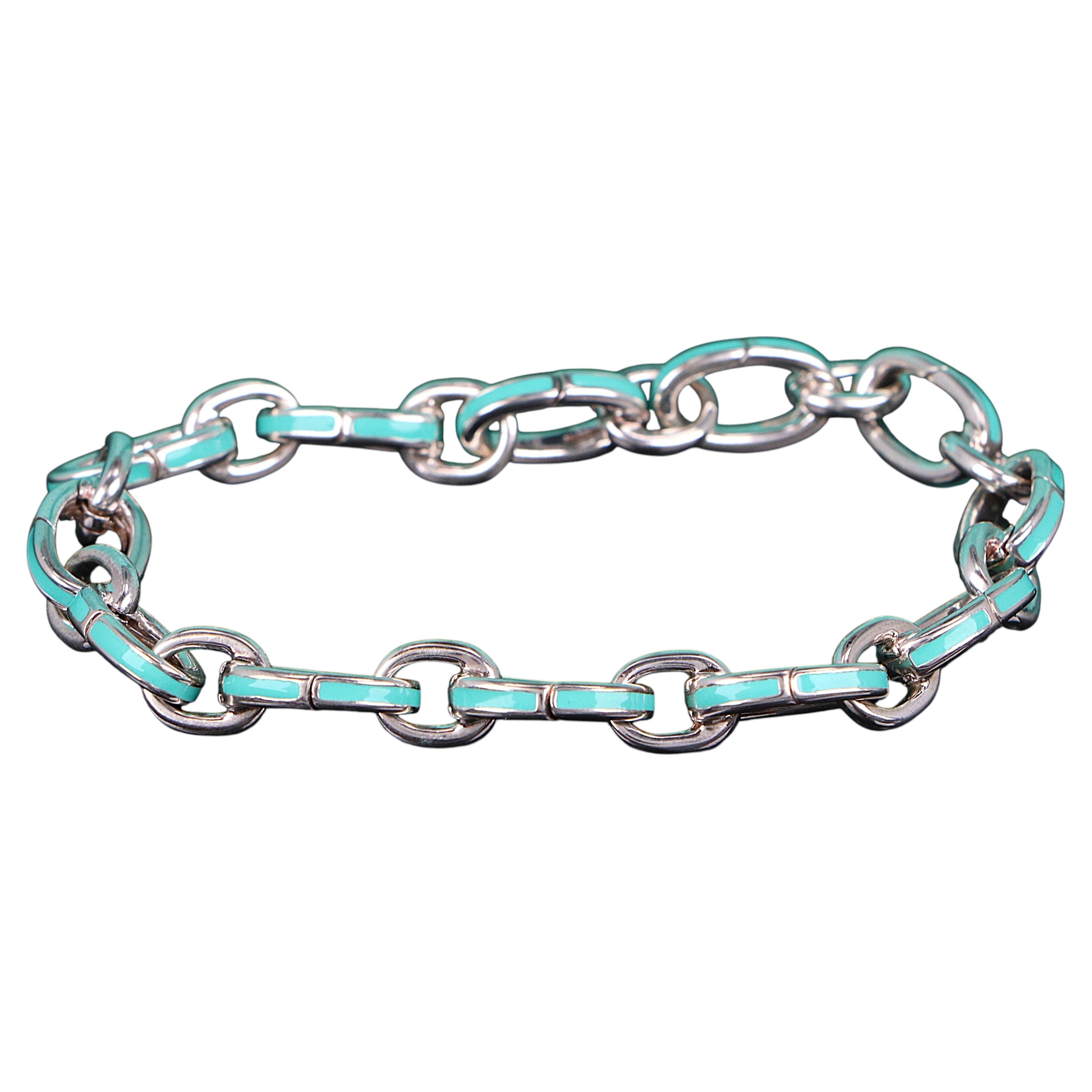 Bracelet Tiffany & Co en argent, avec maillons ovales émaillés bleu turquoise, 7,75 pouces, n° de référence 26800 en vente