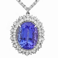 26.80Ct Natural Tanzanite and Diamond 18K Solid White Gold Necklace
