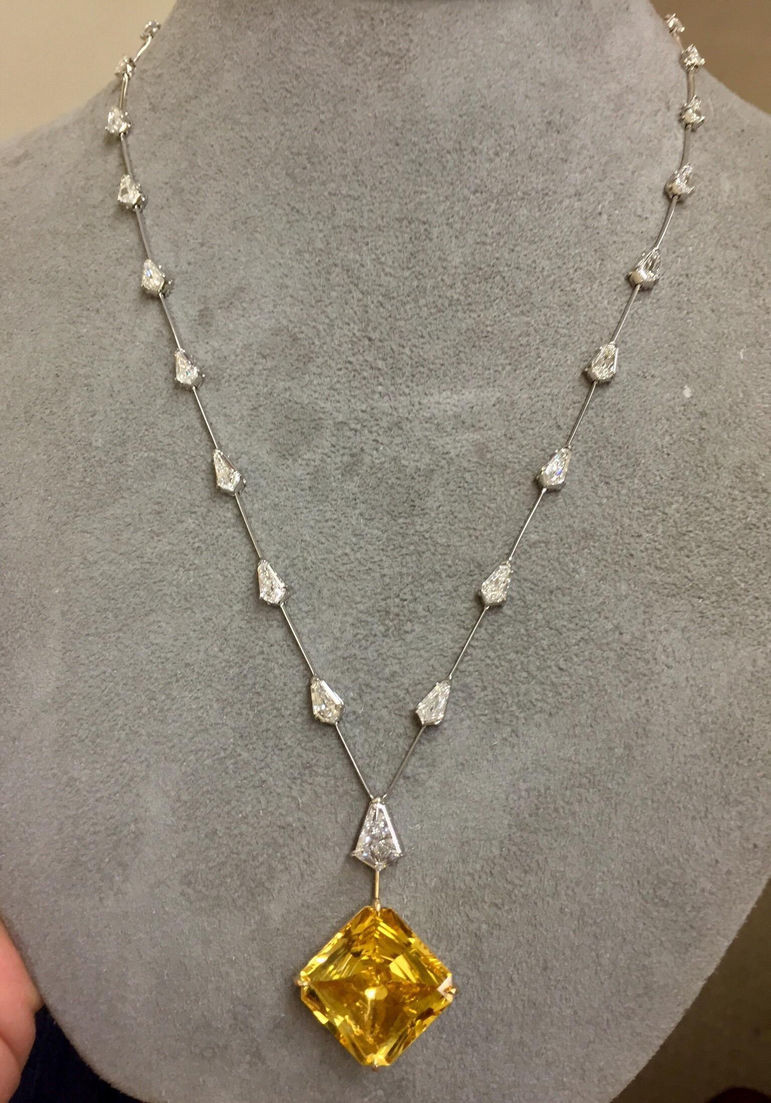 Modern 26.86 Carat No Heat Vivid Yellow Ceylon Emerald Cut Yellow Sapphire Necklace For Sale