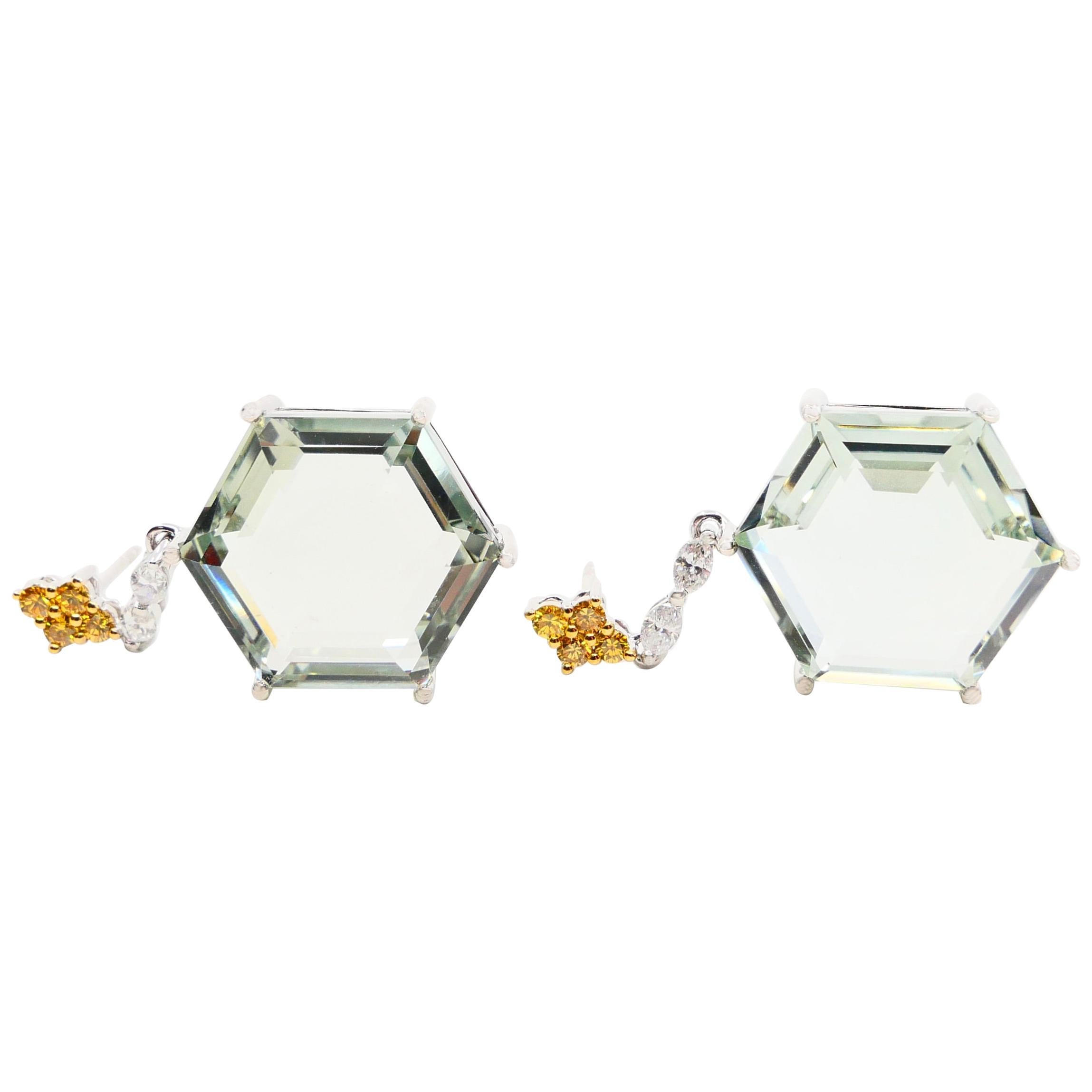 26.88 Carat Hex Cut Green Amethyst, Fancy Vivid Yellow and Diamond Drop Earrings In New Condition For Sale In Hong Kong, HK