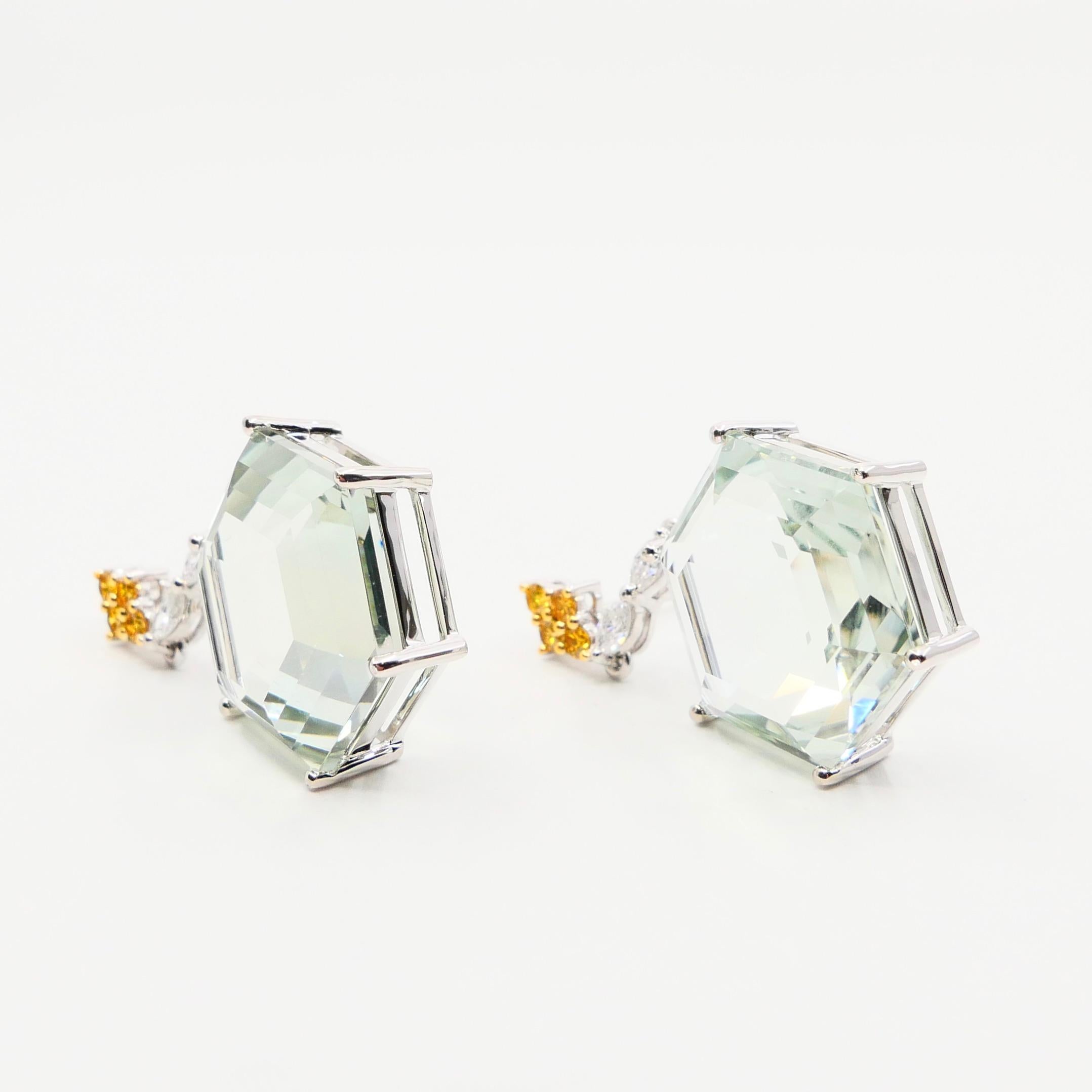 26.88 Carat Hex Cut Green Amethyst, Fancy Vivid Yellow and Diamond Drop Earrings For Sale 1