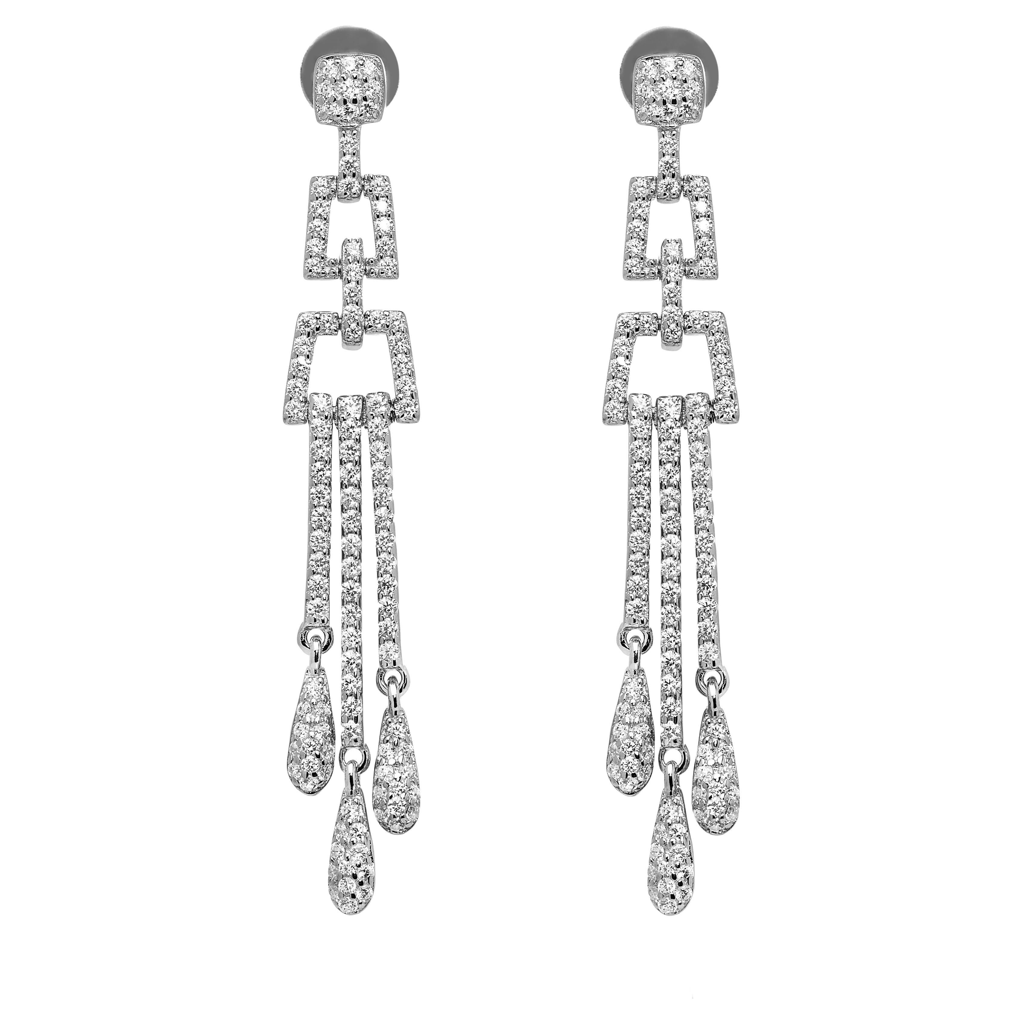 Boucles d'oreilles pendantes chandelier de style Art déco en argent sterling avec zirconia cubique de 2,68 carats