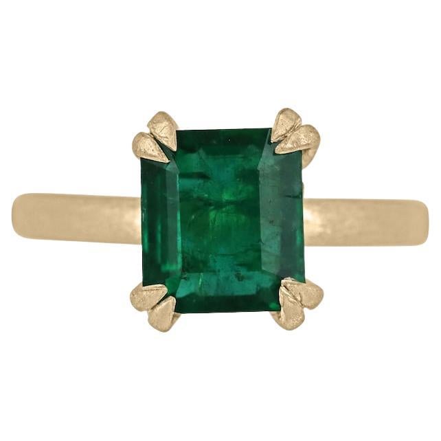2.68ct 18K AAA Green Emerald Solitaire Gold Ring - Satin Finish For Sale