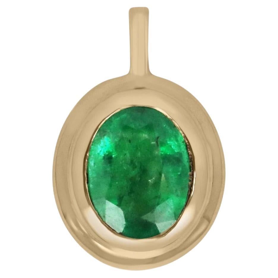 2.68ct 18K Rich Green Oval Cut Emerald Bezel Set Solitaire Unisex Pendant Neckla For Sale