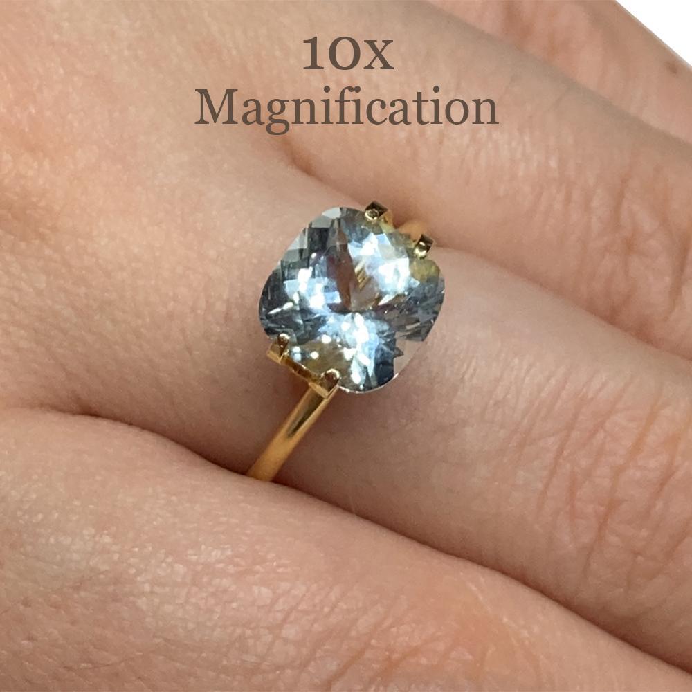 Description:

Gem Type: Aquamarine
Number of Stones: 1
Weight: 2.68 cts
Measurements: 8.86 x 8.87 x 5.91 mm
Shape: Cushion
Cutting Style Crown: Brilliant Cut
Cutting Style Pavilion: Mixed Cut
Transparency: Transparent
Clarity: Very Slightly