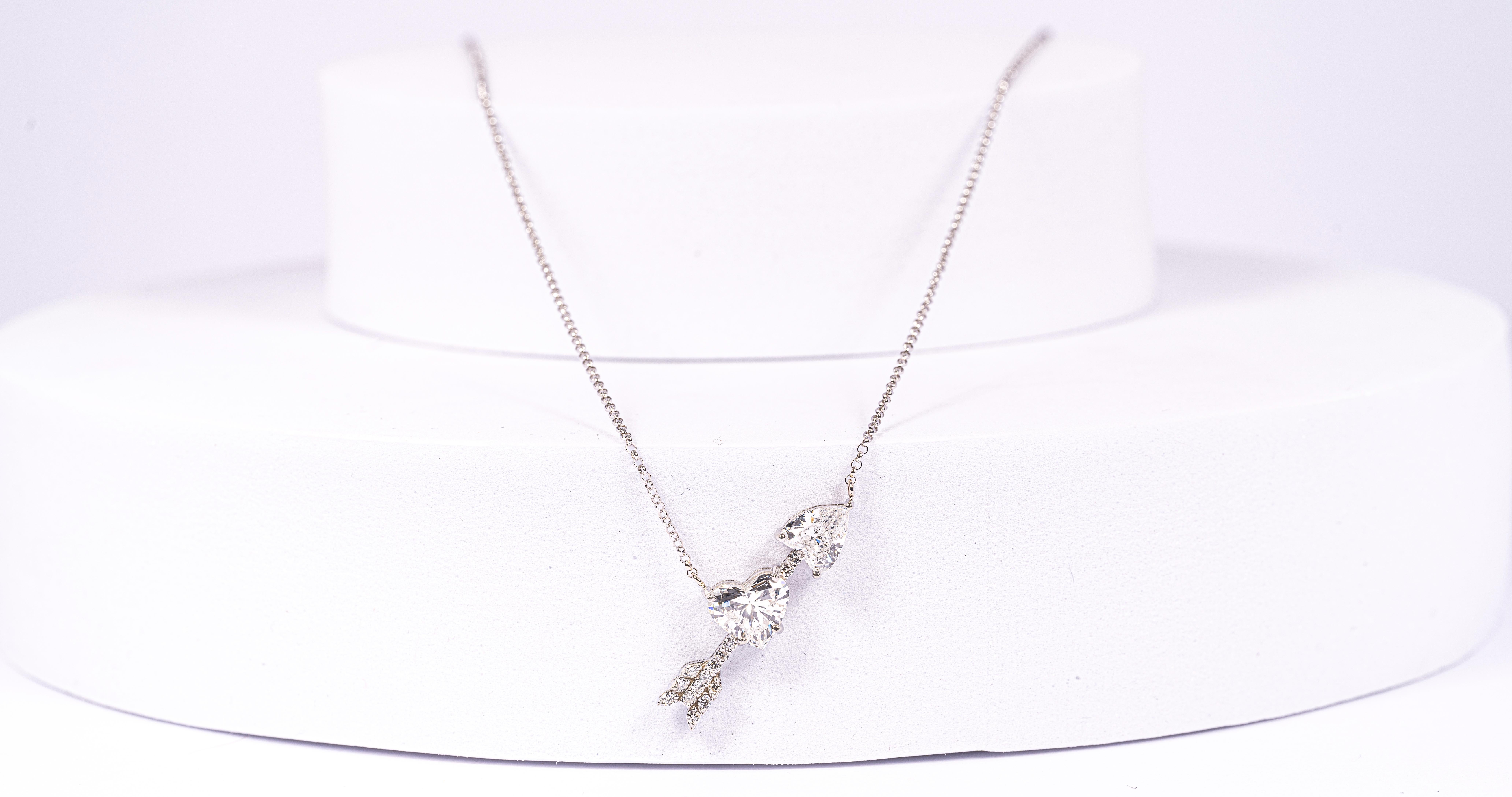 Heart Cut 2.68ct Diamond Arrow Heart Necklace 14kt White Gold For Sale