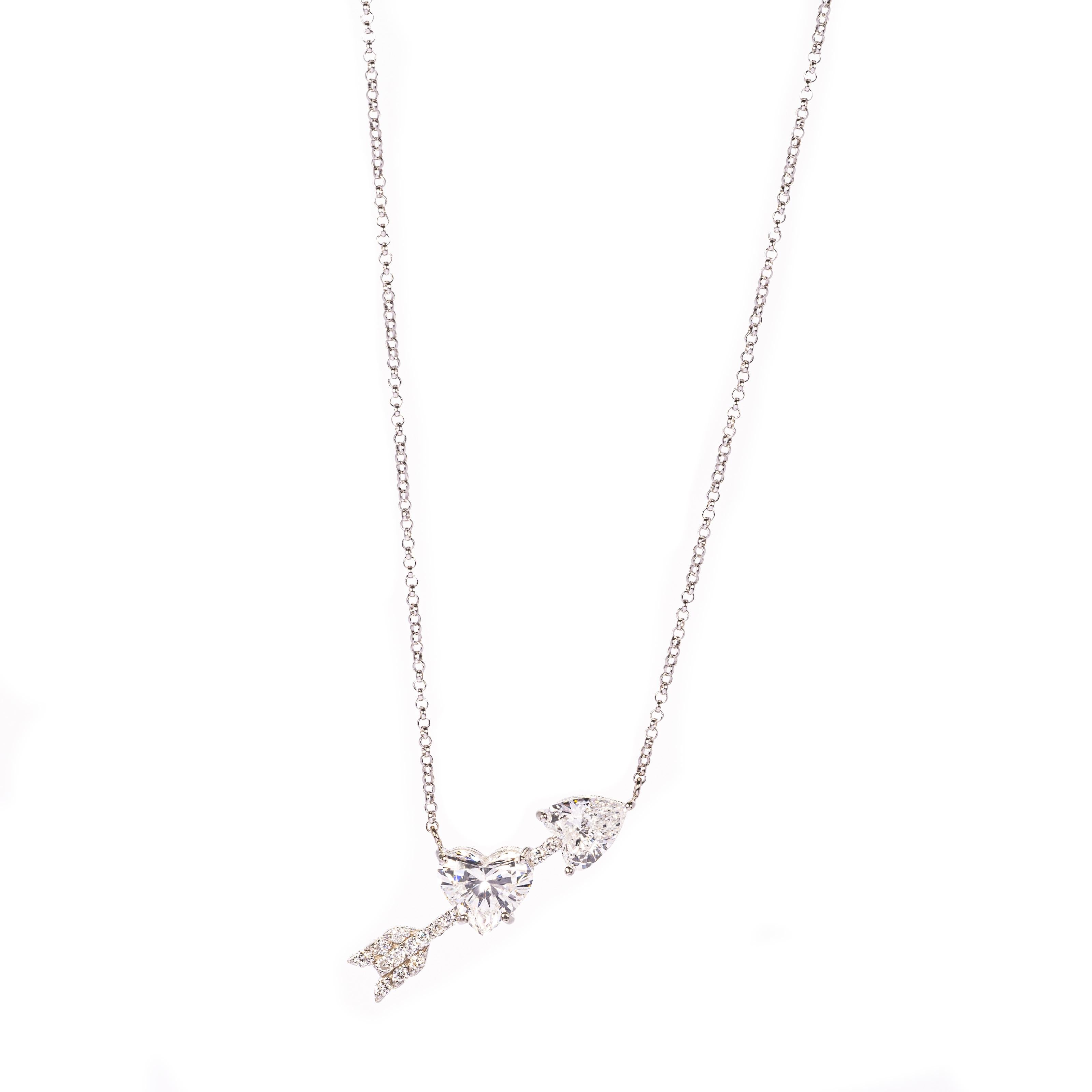 2.68ct Diamond Arrow Heart Necklace 14kt White Gold In New Condition For Sale In Miami, FL
