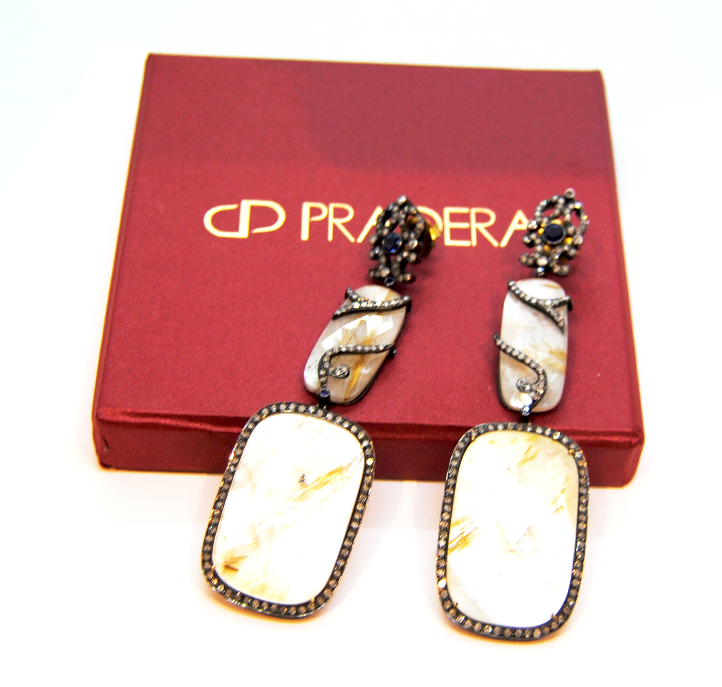Artisan 2.68 Carat Diamond White Rutile Dangle Earrings in 18 Karat Gold and Silver For Sale