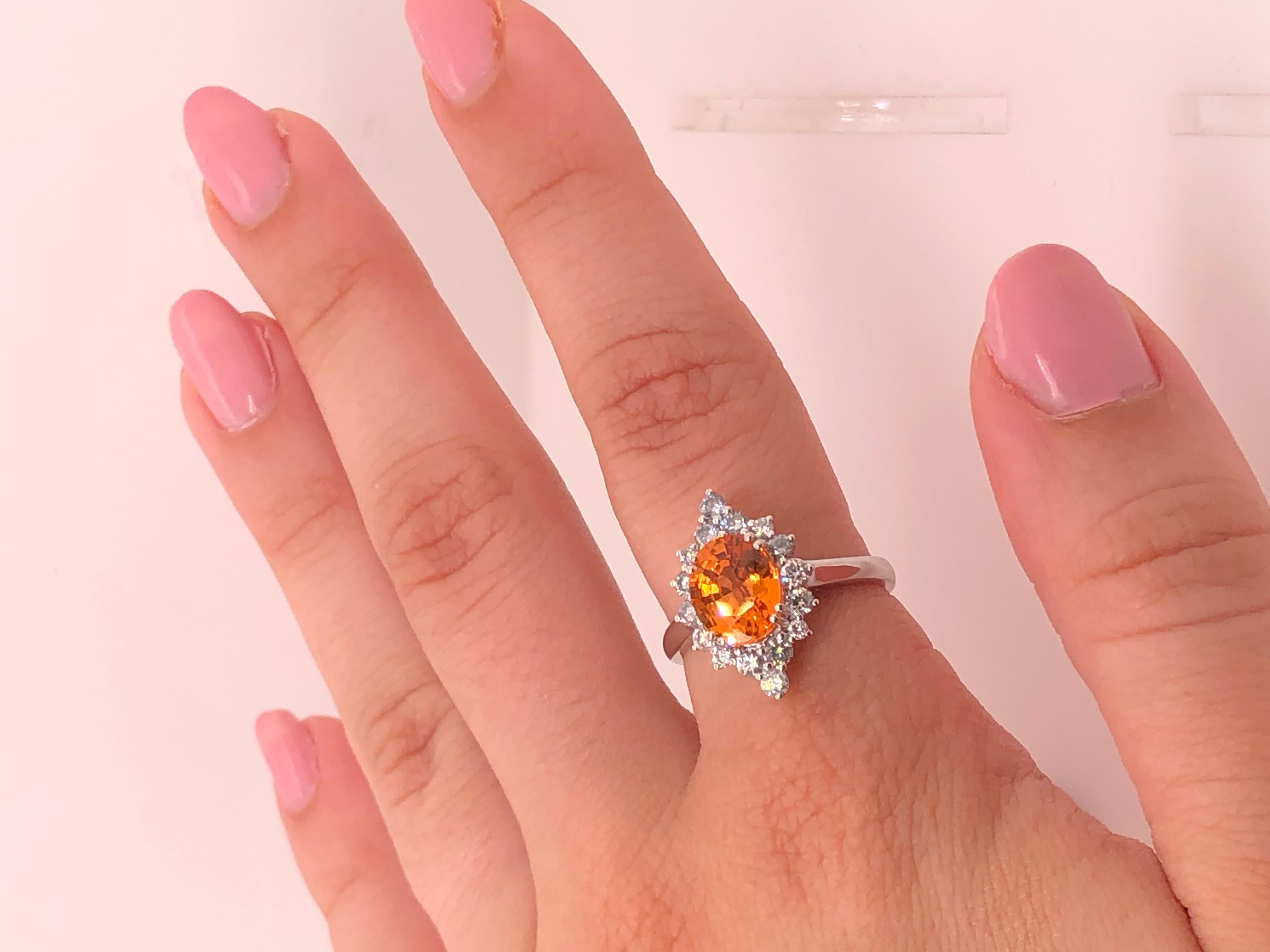 Women's or Men's 2.68 Carat Fine Orange Spessartine Oval Gem Quality Garnet and Diamond Halo Ring For Sale