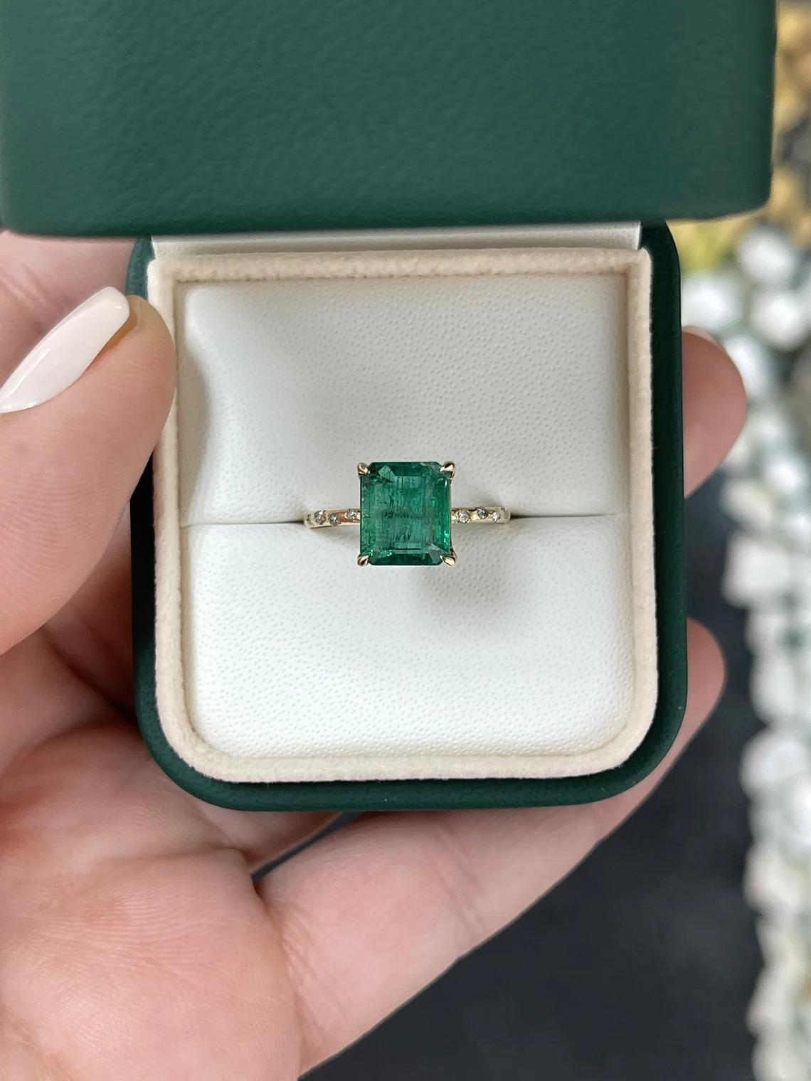 Modern 2.68tcw 14K Dark Emerald Cut Emerald & Round Diamond Accent Dainty Shank Ring For Sale