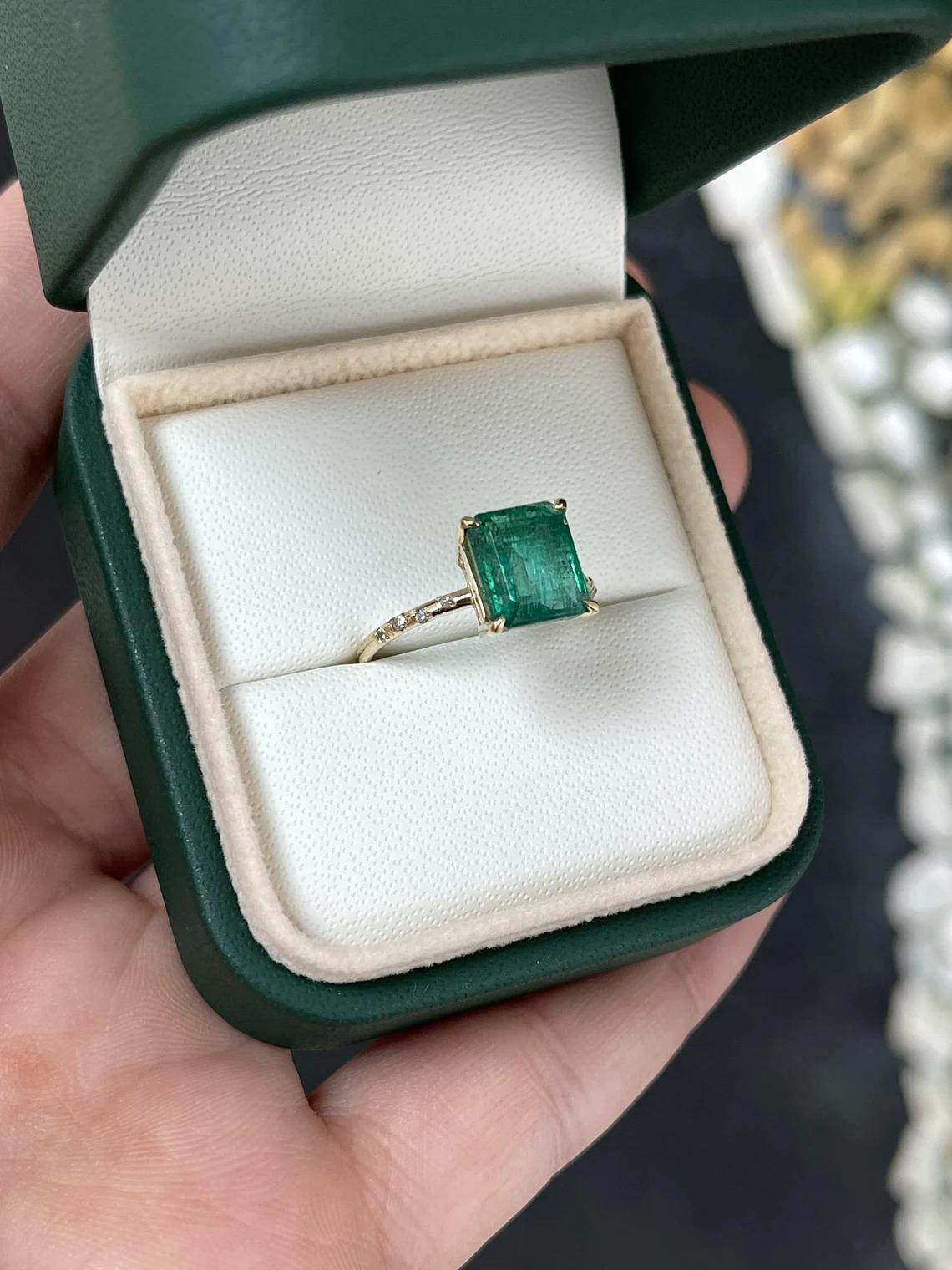 Modern 2.68tcw 14K Dark Emerald Cut Emerald & Round Diamond Accent Dainty Shank Ring For Sale