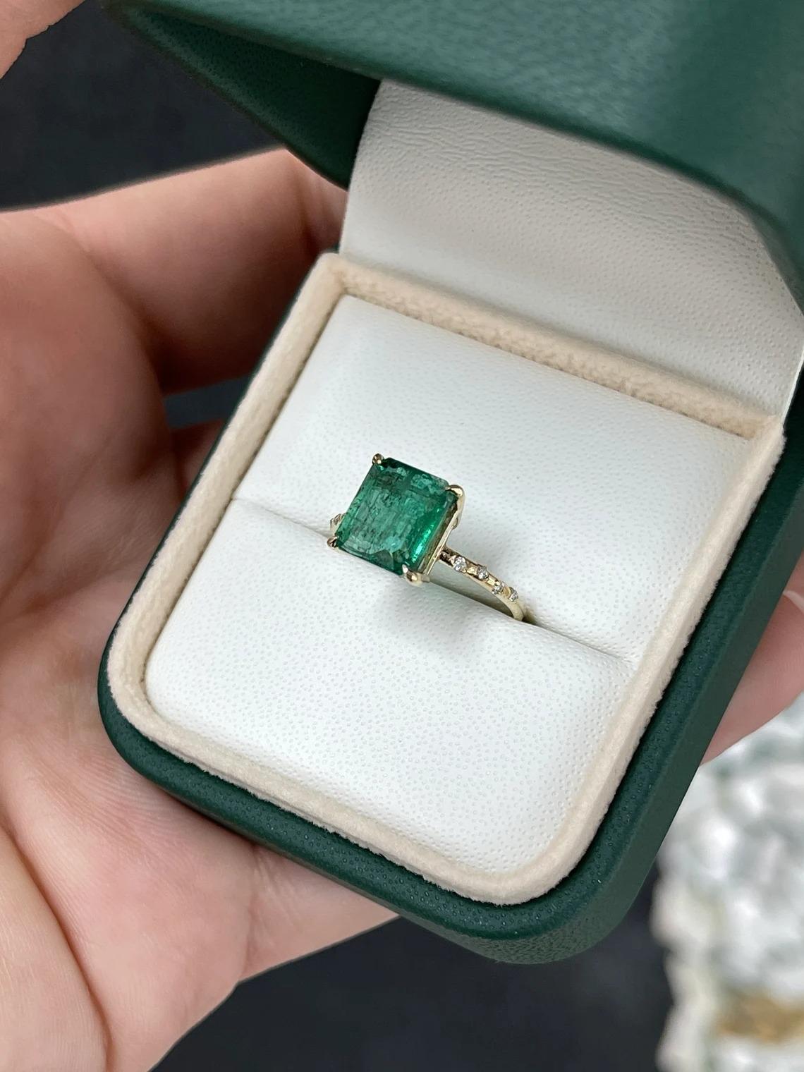 Women's 2.68tcw 14K Dark Emerald Cut Emerald & Round Diamond Accent Dainty Shank Ring For Sale