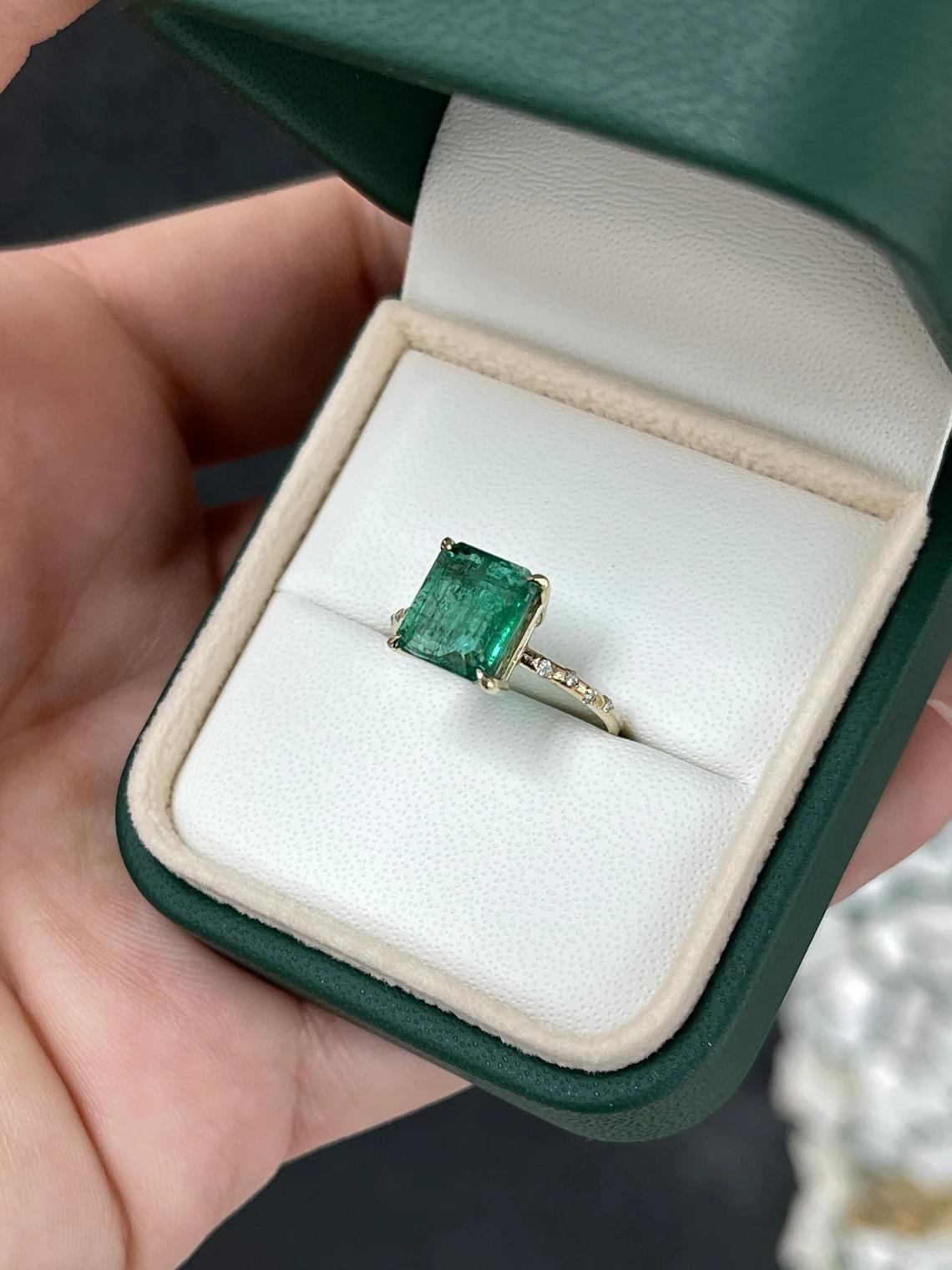 2.68tcw 14K Dark Emerald Cut Emerald & Round Diamond Accent Dainty Shank Ring In New Condition For Sale In Jupiter, FL