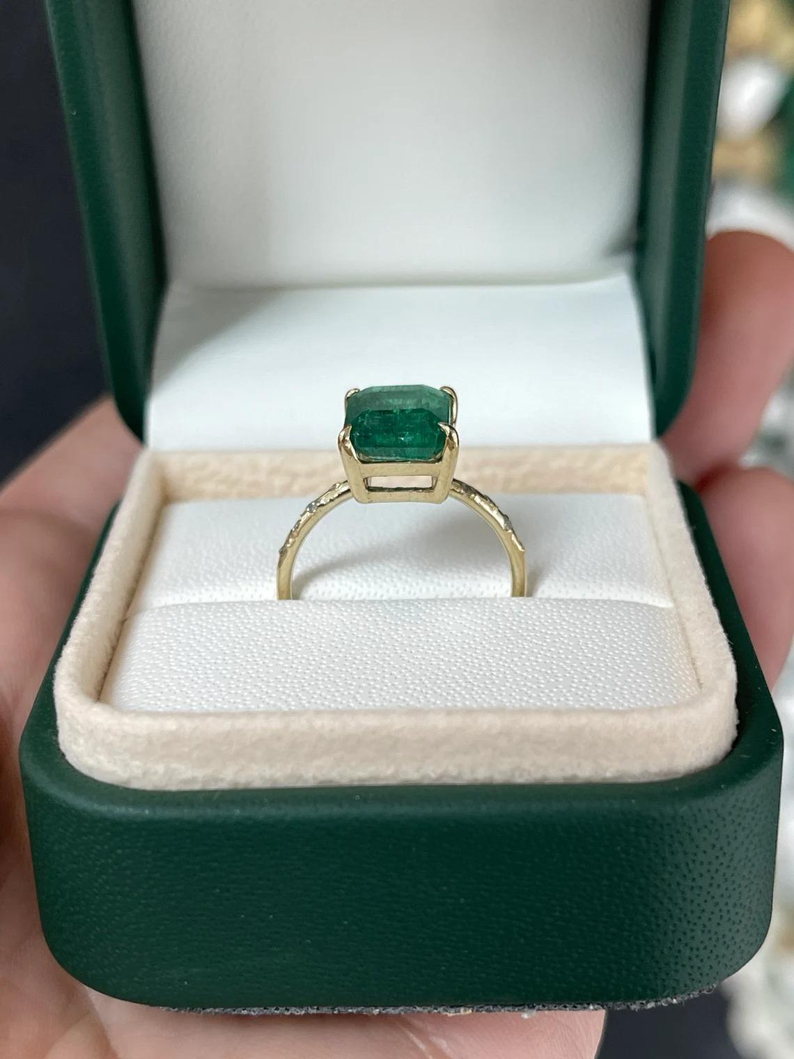 2.68tcw 14K Dark Emerald Cut Emerald & Round Diamond Accent Dainty Shank Ring For Sale 1