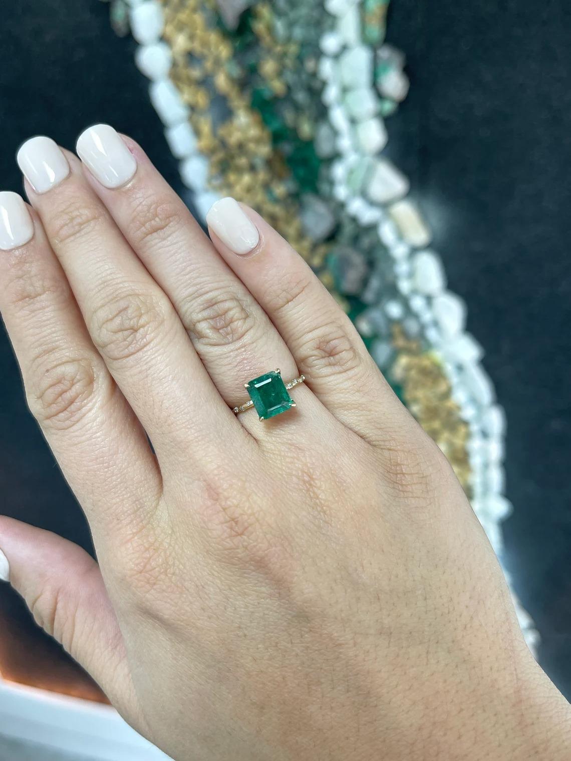 2.68tcw 14K Dark Emerald Cut Emerald & Round Diamond Accent Dainty Shank Ring For Sale 2