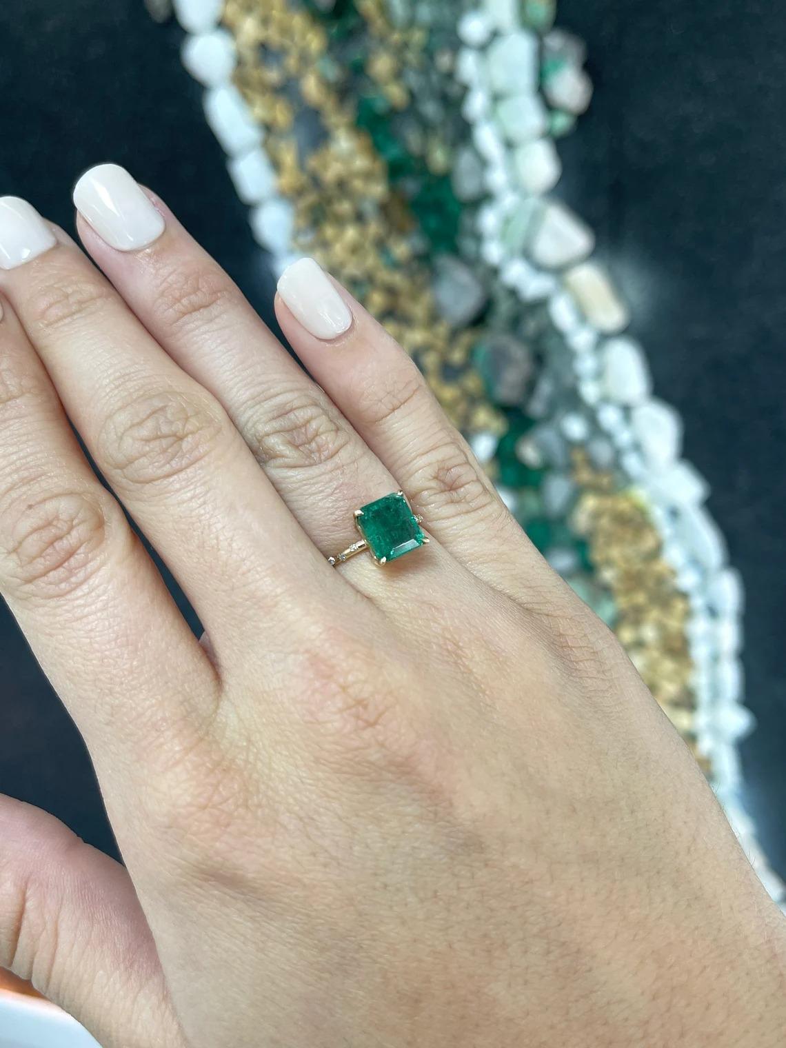 2.68tcw 14K Dark Emerald Cut Emerald & Round Diamond Accent Dainty Shank Ring For Sale 2