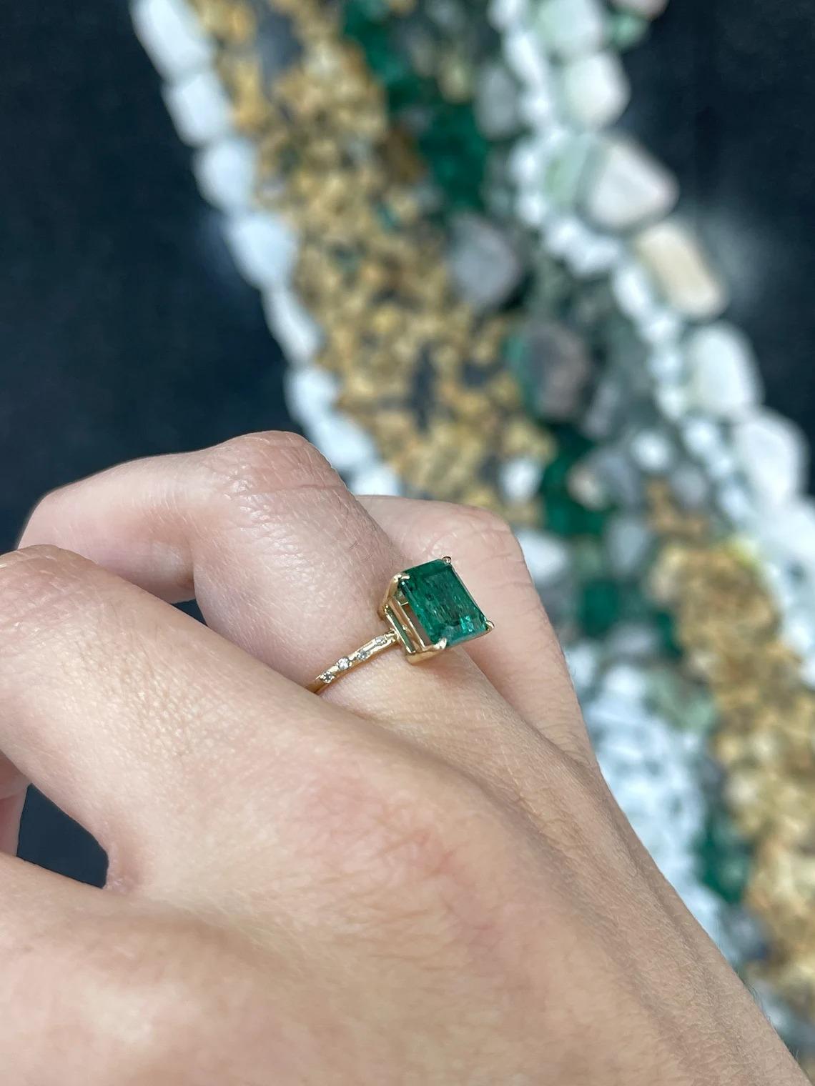 2.68tcw 14K Dark Emerald Cut Emerald & Round Diamond Accent Dainty Shank Ring For Sale 4