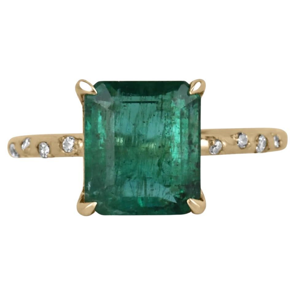 2.68tcw 14K Dark Emerald Cut Emerald & Round Diamond Accent Dainty Shank Ring For Sale