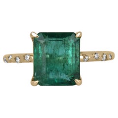 2.68tcw 14K Dark Emerald Cut Emerald & Round Diamond Accent Dainty Shank Ring