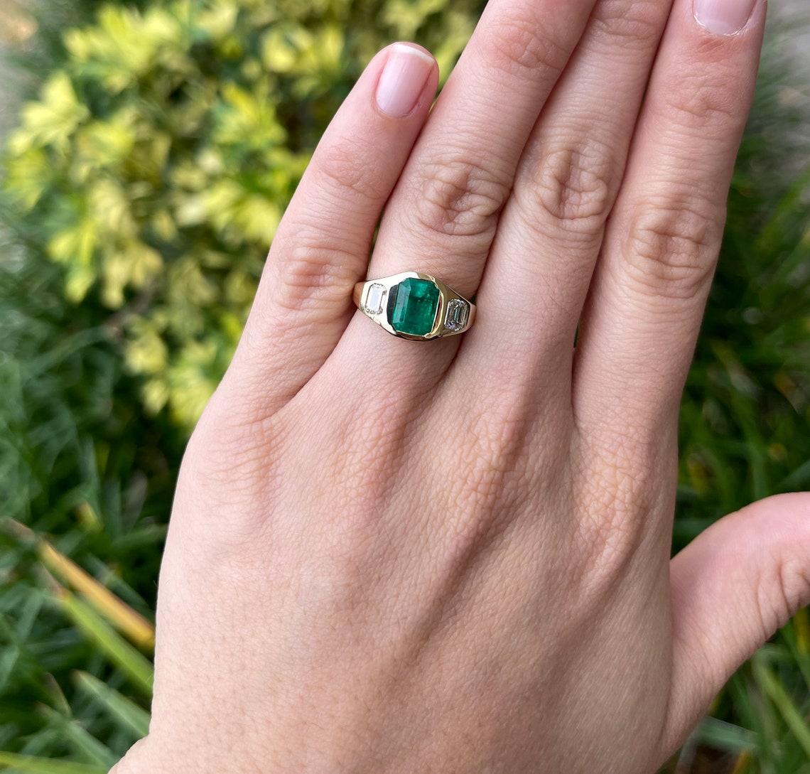 2.68tcw 18K Tres Piedras Esmeralda Colombiana y Diamante talla Esmeralda Anillo Gitano Regalo Corte esmeralda en venta
