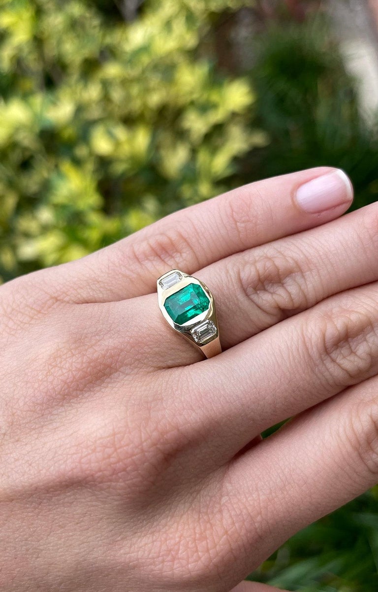 Women's 2.68tcw 18K Three Stone Colombian Emerald & Emerald Cut Diamond Gypsy Ring For Sale