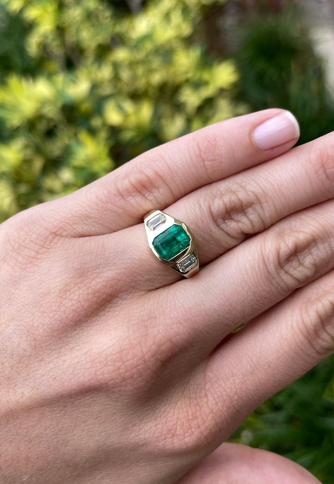 De las mujeres 2.68tcw 18K Tres Piedras Esmeralda Colombiana y Diamante talla Esmeralda Anillo Gitano Regalo en venta