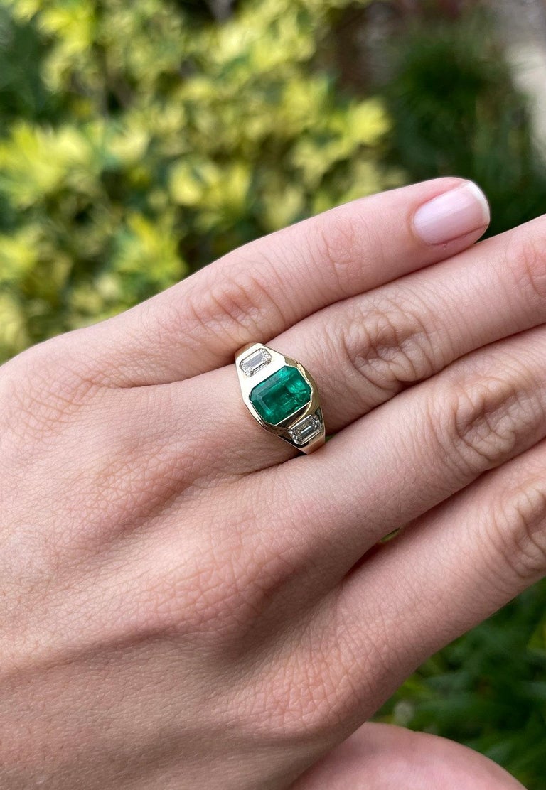 2.68tcw 18K Three Stone Colombian Emerald & Emerald Cut Diamond Gypsy Ring For Sale 1