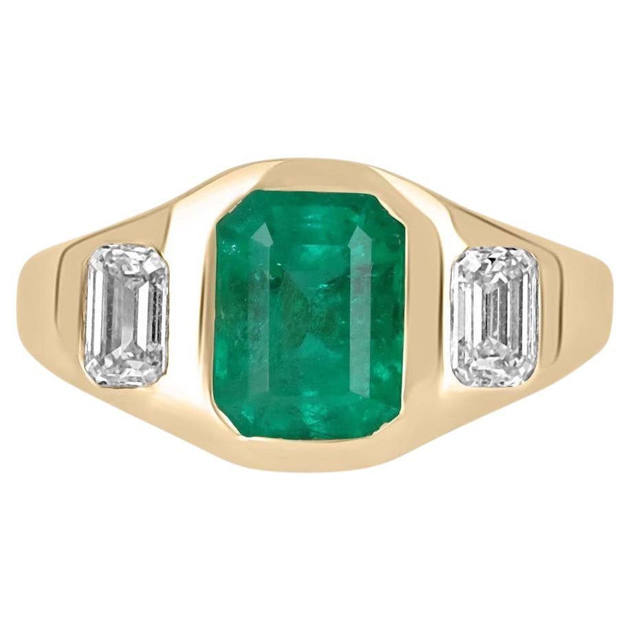 2.68tcw 18K Three Stone Colombian Emerald & Emerald Cut Diamond Gypsy Ring Gift