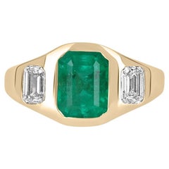 2.68tcw 18K Three Stone Colombian Emerald & Emerald Cut Diamond Gypsy Ring