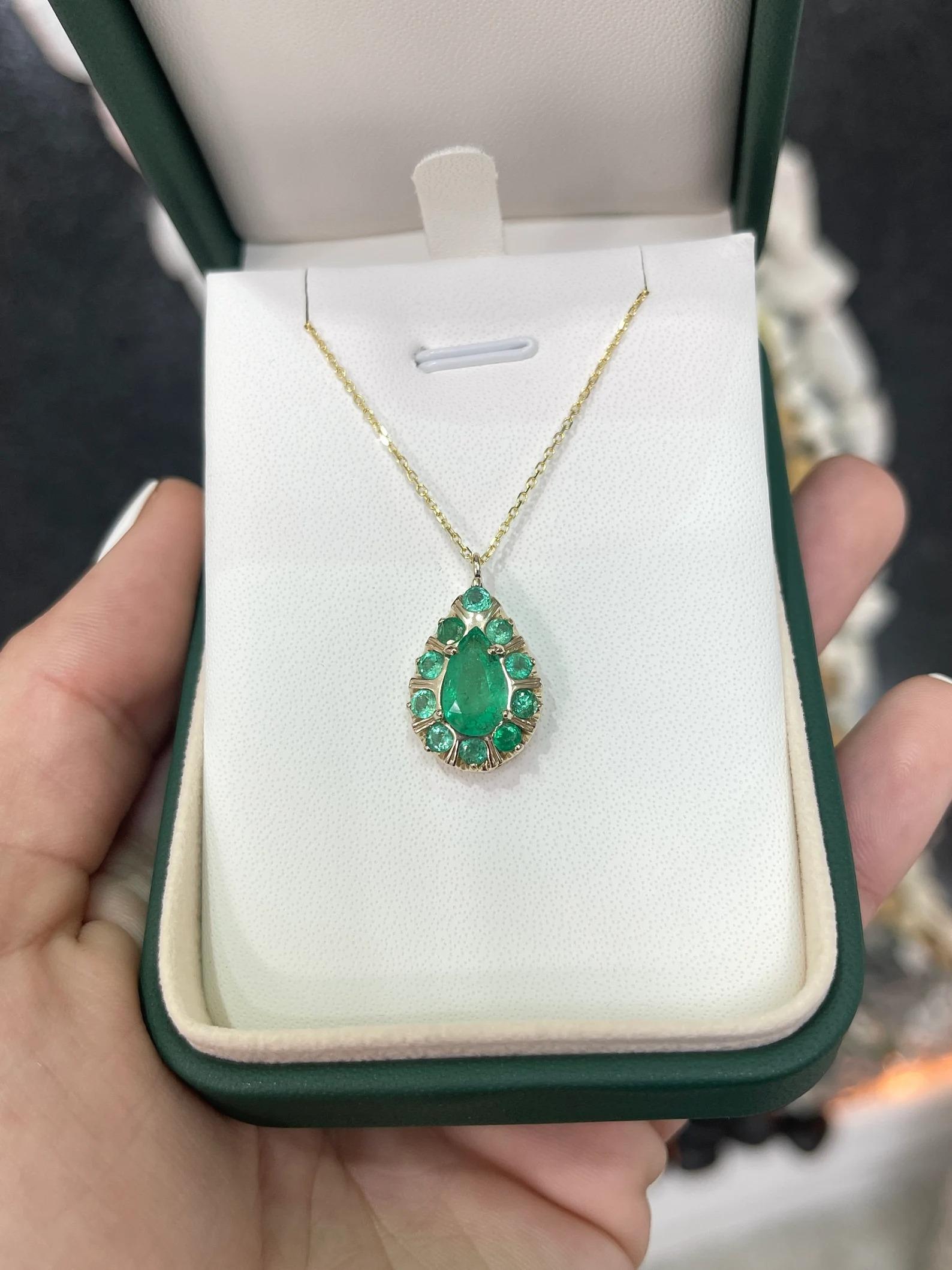Art Deco 2.68tcw Unique Colombian Emerald Pear & Round Cut Multi-Gemstone Pendant 14K For Sale