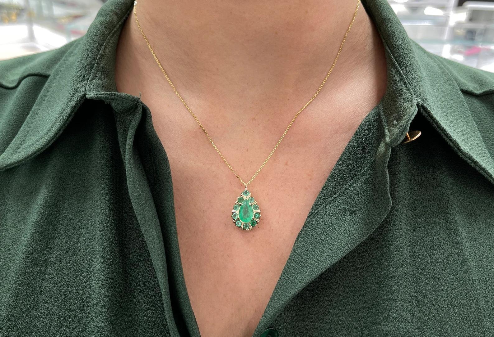 Women's 2.68tcw Unique Colombian Emerald Pear & Round Cut Multi-Gemstone Pendant 14K For Sale