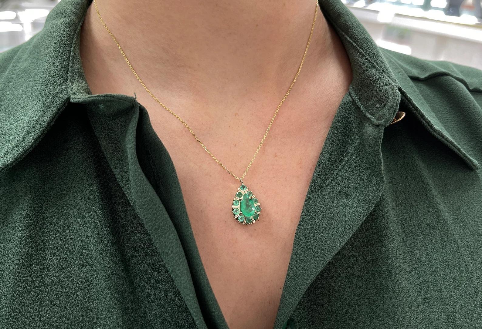 2.68tcw Unique Colombian Emerald Pear & Round Cut Multi-Gemstone Pendant 14K For Sale 1