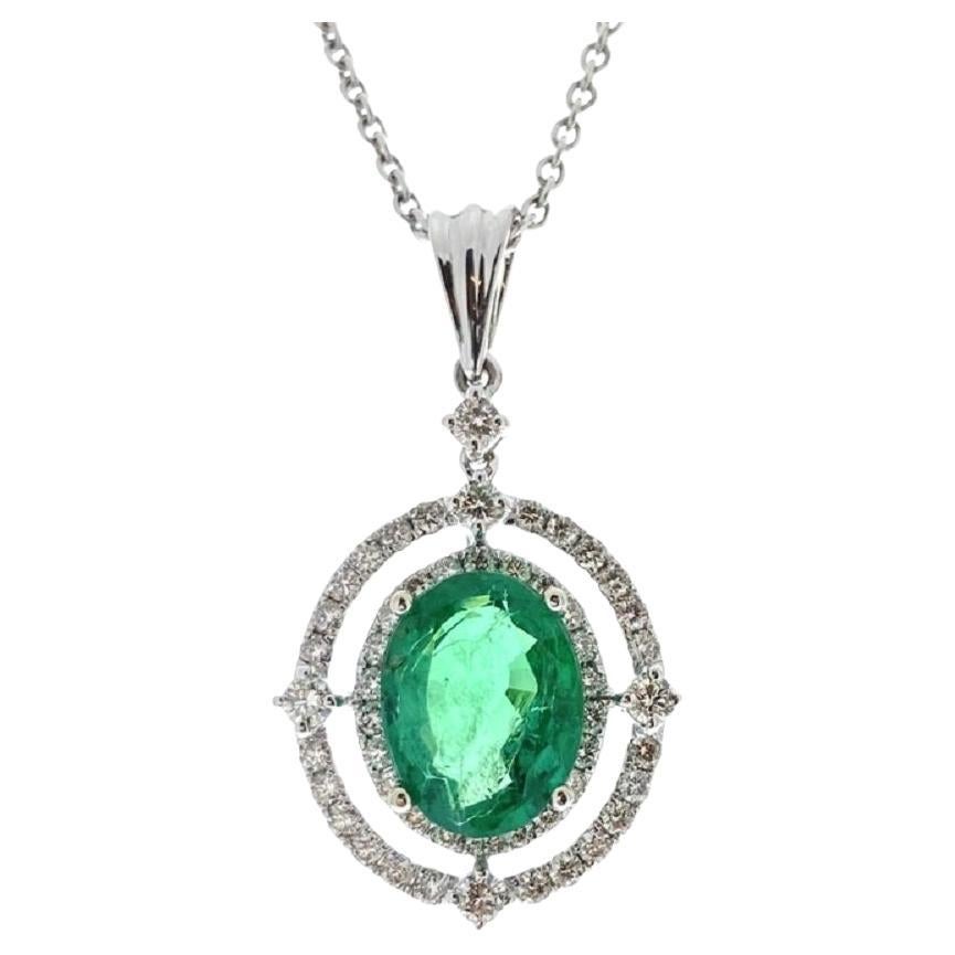 2.69 Carat Green Oval Emerald & Diamond Pendant In 14k White Gold