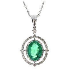 2.69 Carat Green Oval Emerald & Diamond Pendant In 14k White Gold