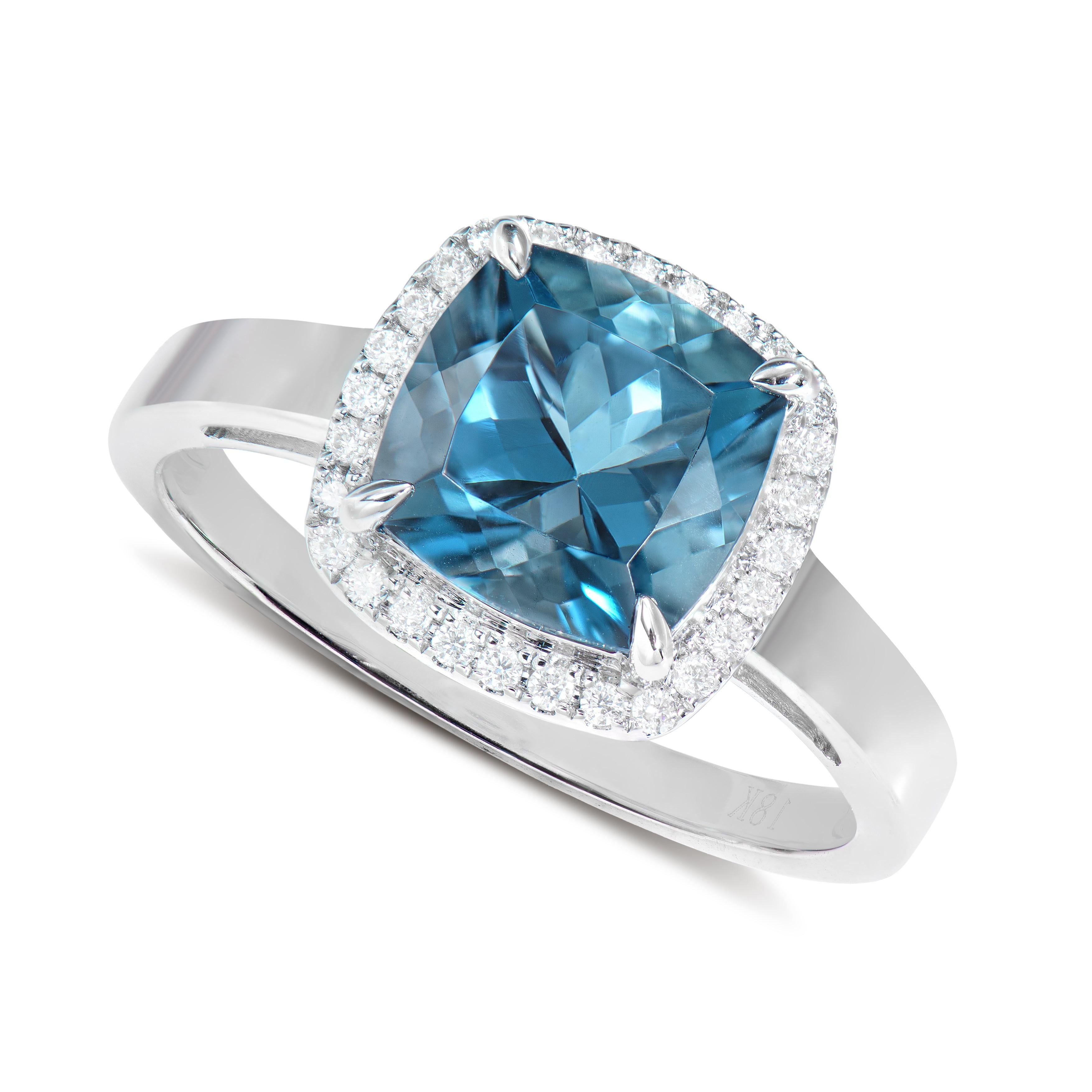 Contemporary 2.69 Carat London Blue Topaz Fancy Ring in 18Karat White Gold with White Diamond For Sale