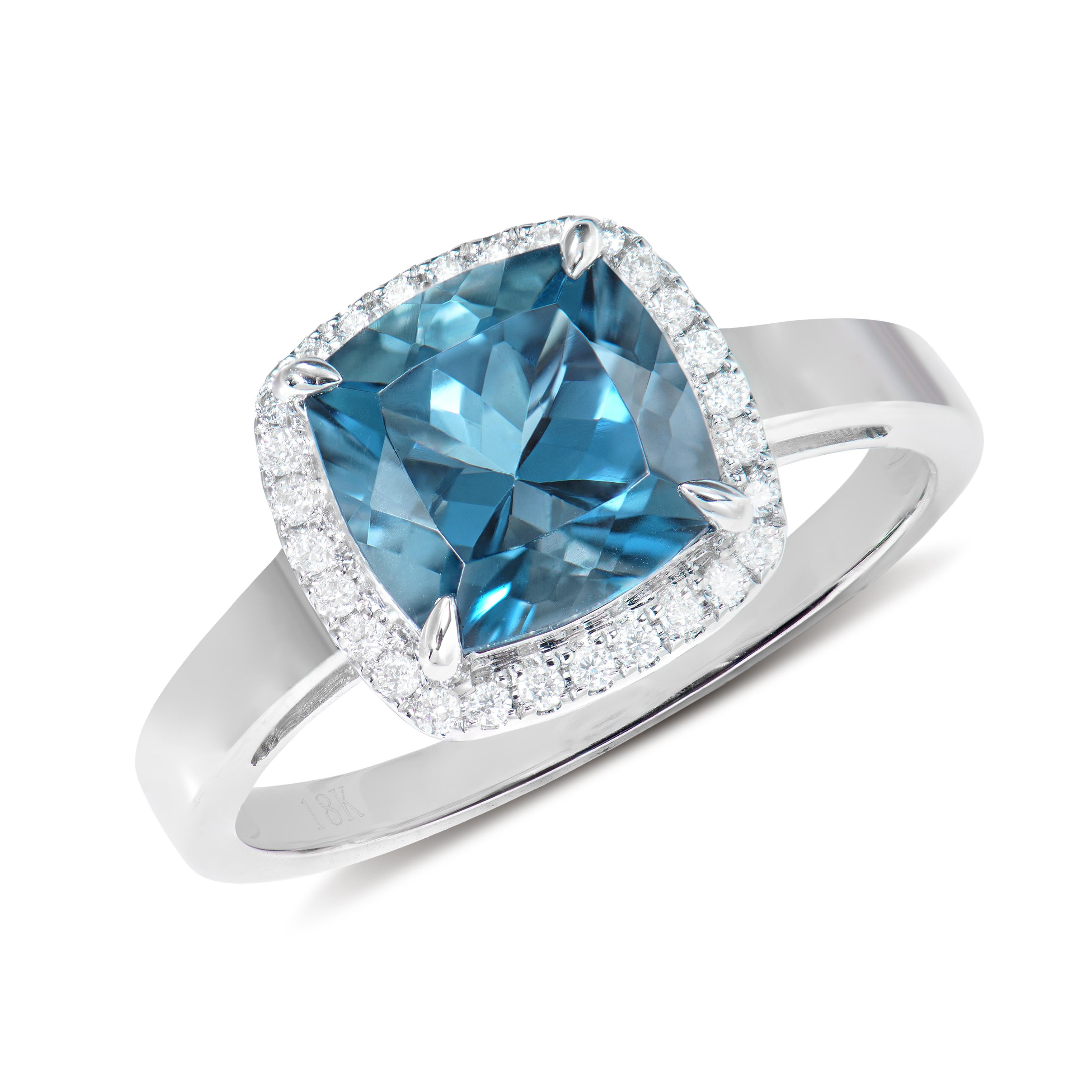 Cushion Cut 2.69 Carat London Blue Topaz Fancy Ring in 18Karat White Gold with White Diamond For Sale