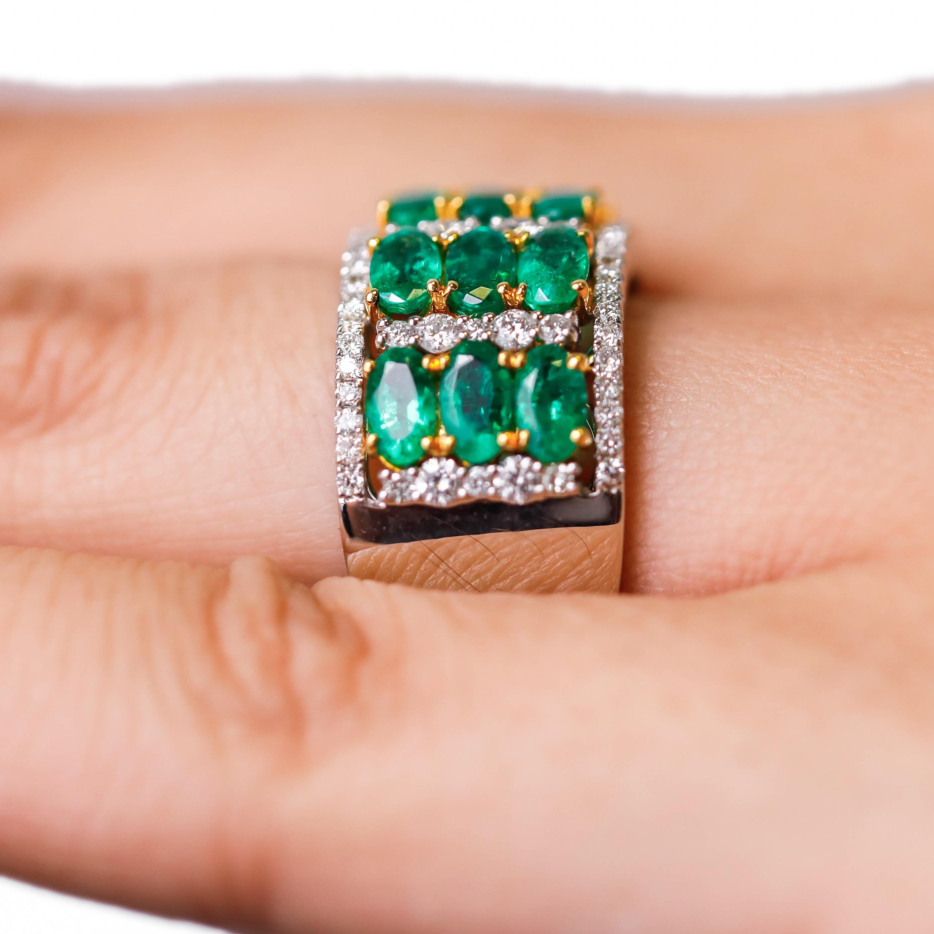 2.69 Carat Oval Cut Emerald and Round Diamond Cocktail Ring in 18k Two-Tone Gold 1