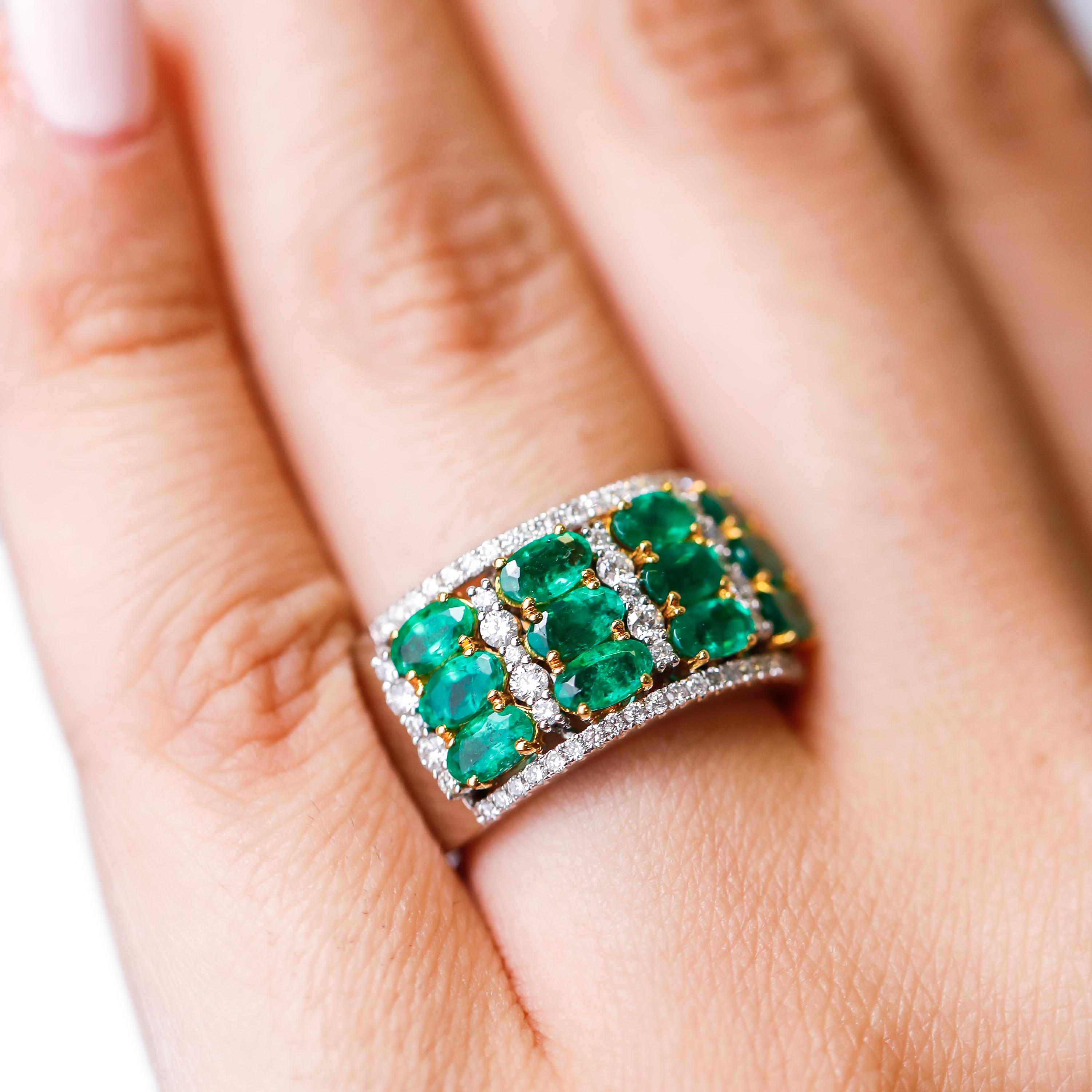 2.69 Carat Oval Cut Emerald and Round Diamond Cocktail Ring in 18k Two-Tone Gold 2