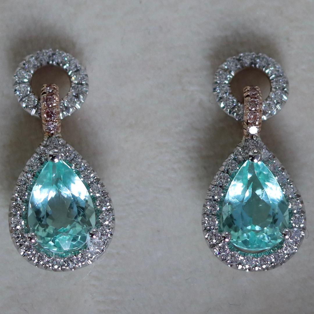 2.69 Carat Paraiba Tourmaline White & Pink Diamond Halo Charm Earrings For Sale 11