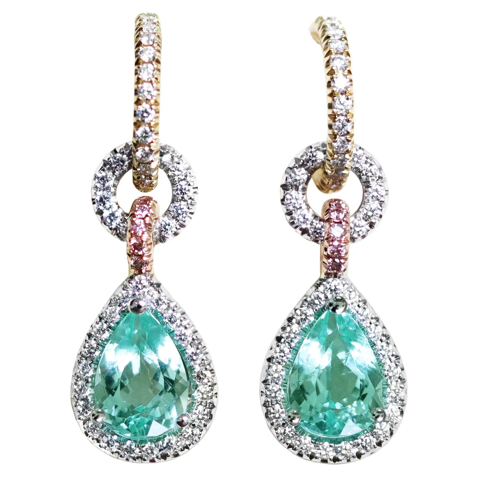 2.69 Carat Paraiba Tourmaline White & Pink Diamond Halo Charm Earrings