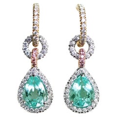 Antique 2.69 Carat Paraiba Tourmaline White & Pink Diamond Halo Charm Earrings