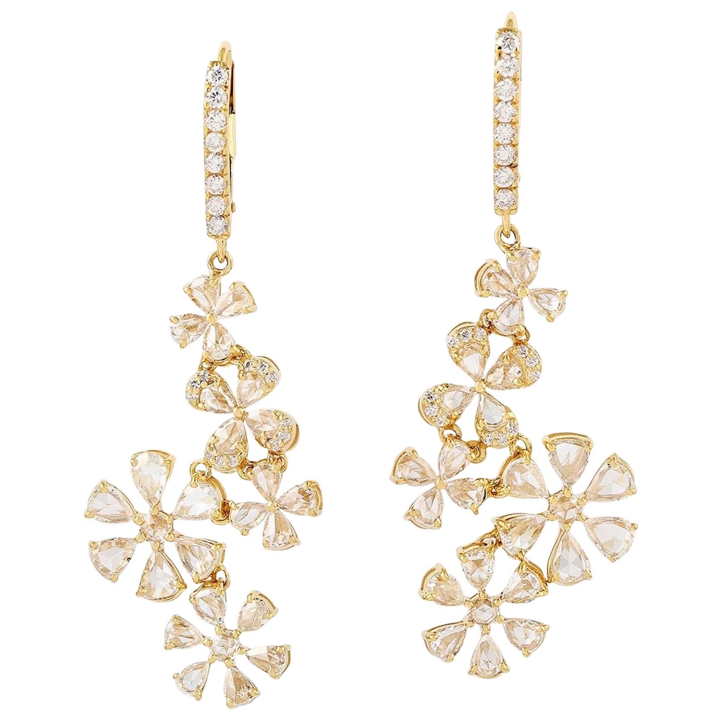 2.69 Carat Rose Cut Diamond 18 Karat Gold Flower Earrings For Sale