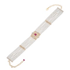 2.69 Carat Ruby Freshwater Pearl and Diamond 18kt Yellow Gold Choker Necklace